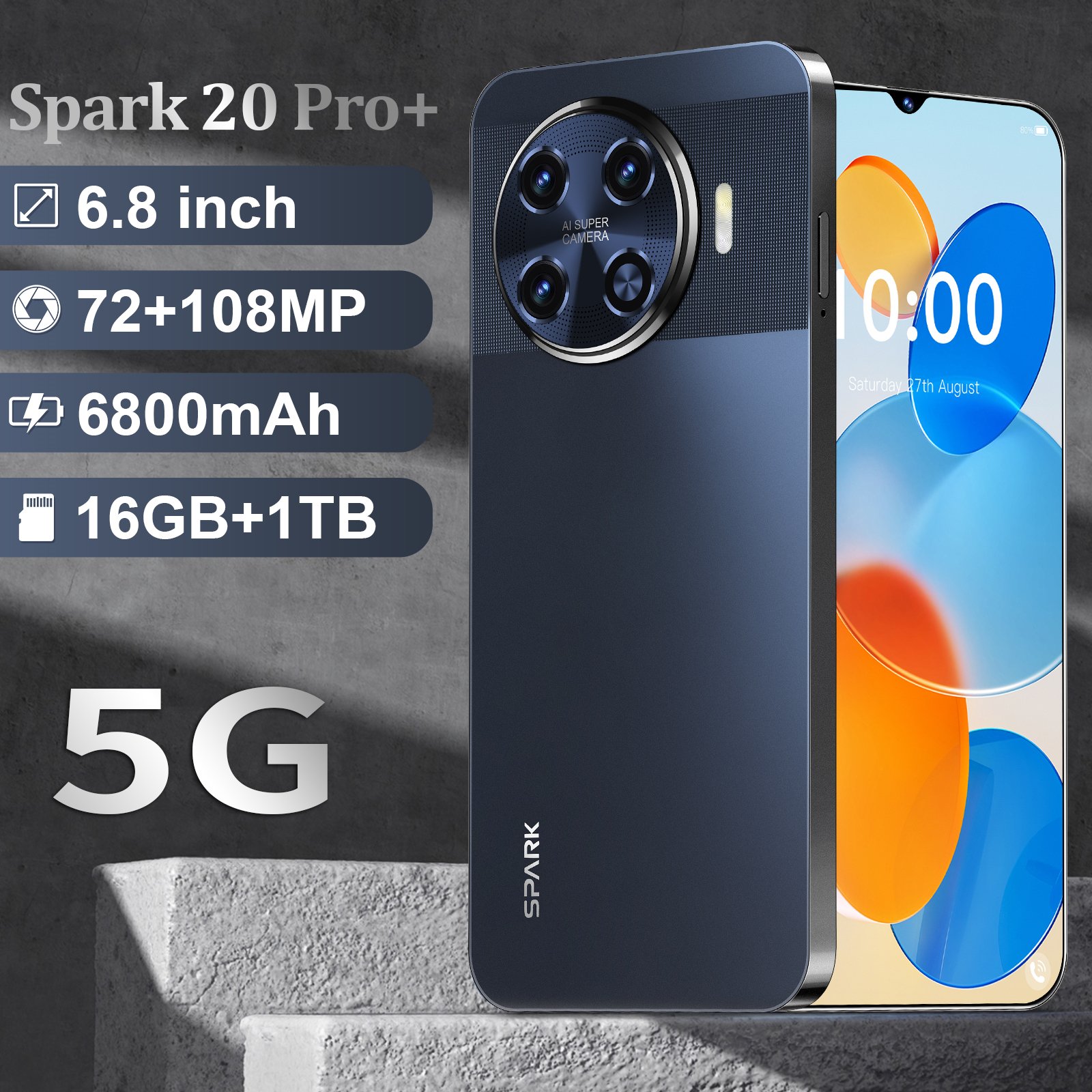 New Original phone spark 20 Pro Smartphones 16GB+1TB spark20 pro 5G LET Cellphone Large battery unlocked Dual SIM Android phone